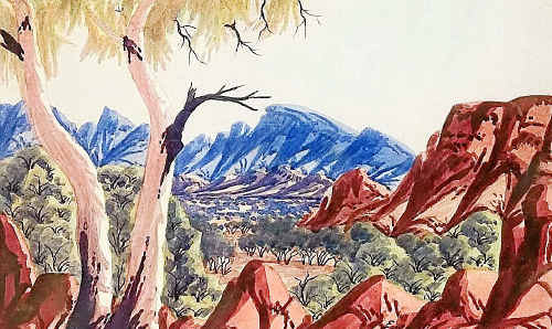 Ewald Namatjira’s Hermannsburg landscape of the Aboriginal Arrernte people of the Northern Territory in the 1950s. Ewald Namatjira’s Hermannsburg landscape of the Aboriginal Arrernte people of the Northern Territory in the 1950s.